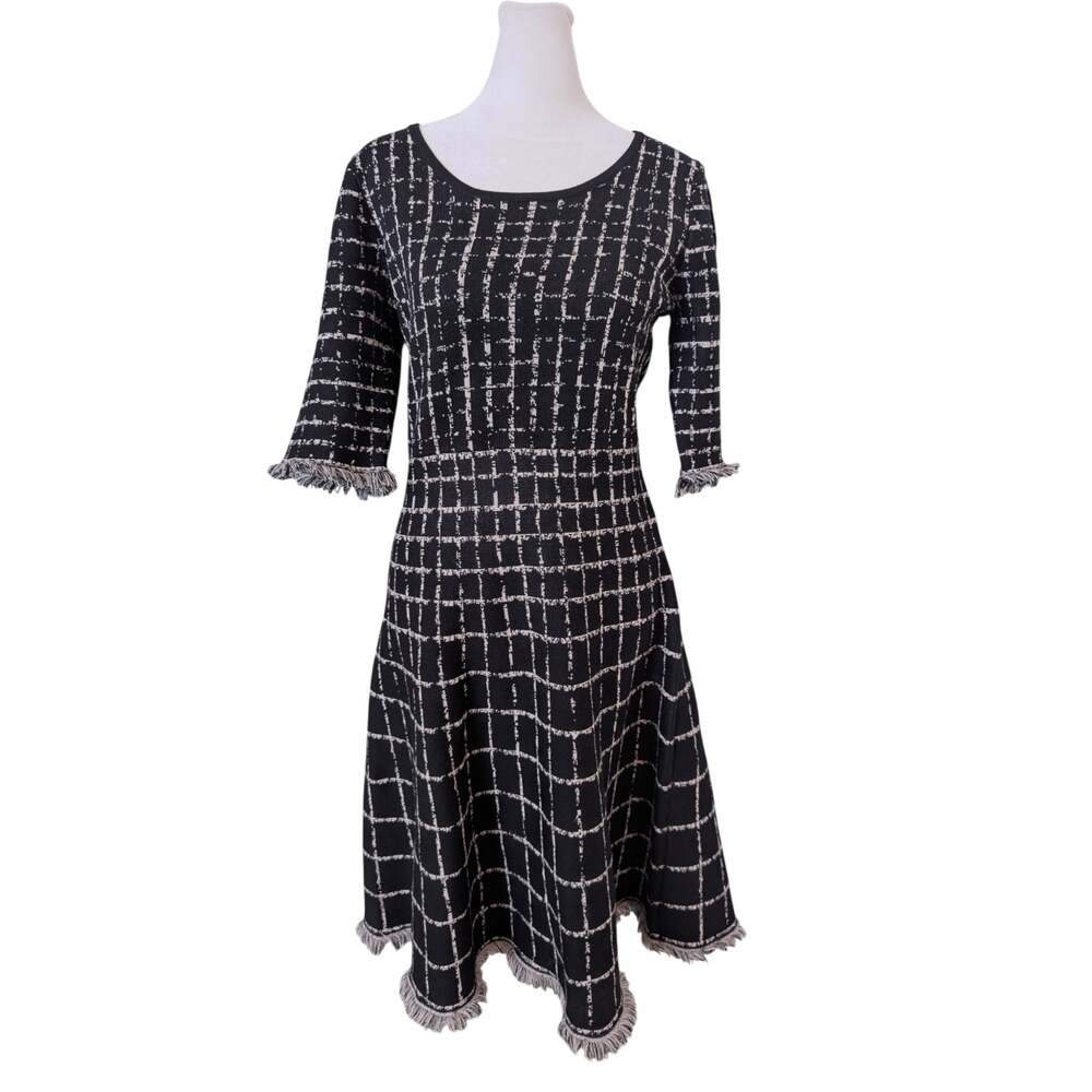 Taylor Black Windowpane Fringe Trim Knit Dress Medium